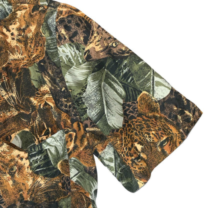 VTG BROWN GREEN JUNGLE ANIMAL TIGER SAFARI SHORT SLEEVED SILK BLOUSE UK16
