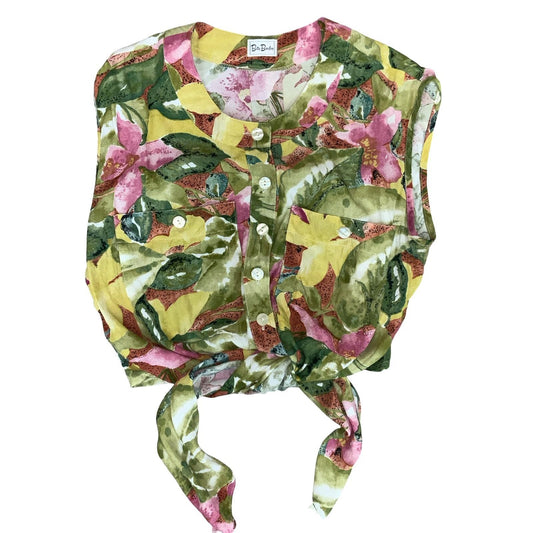 VTG 'BETTY BARCLAY' GREEN PINK FLORAL SLEEVELESS SUMMER TIE WAIST BLOUSE 14/16