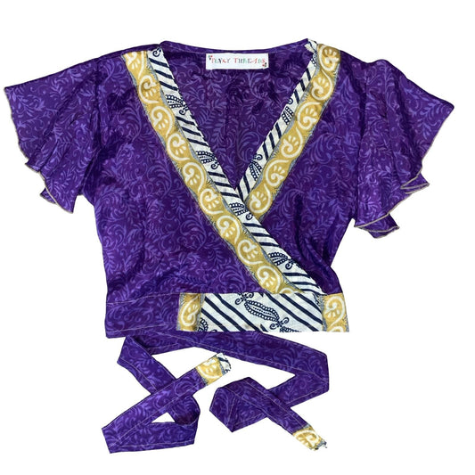 'FUNKY THREADS' PURPLE GOLD PAISLEY CROPPED INDIAN BOHO HIPPIE WRAP BLOUSE S 8