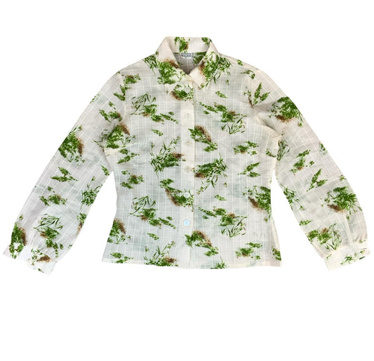 VTG WHITE GREEN BOTANICAL PATTERNED BUTTON-UP COLLARED BLOUSE UK 12 14