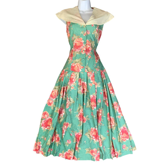 VTG 80s does 50s 'LAURA ASHLEY' BLUE RED FLORAL DROP-WAIST A-LINE MIDI DRESS S 8