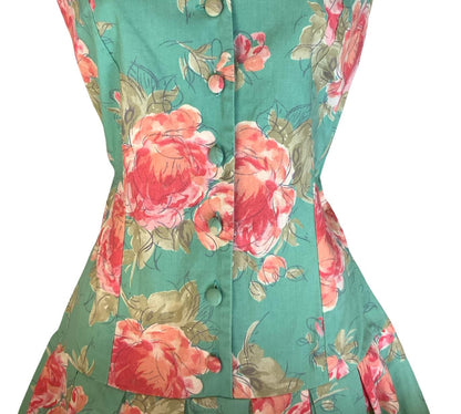 VTG 80s does 50s 'LAURA ASHLEY' BLUE RED FLORAL DROP-WAIST A-LINE MIDI DRESS S 8