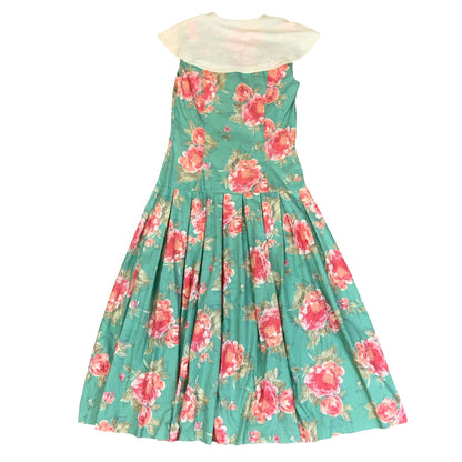 VTG 80s does 50s 'LAURA ASHLEY' BLUE RED FLORAL DROP-WAIST A-LINE MIDI DRESS S 8