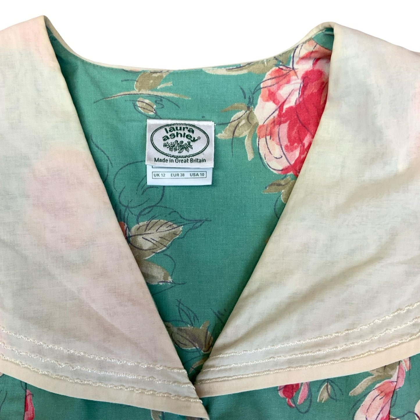 VTG 80s does 50s 'LAURA ASHLEY' BLUE RED FLORAL DROP-WAIST A-LINE MIDI DRESS S 8