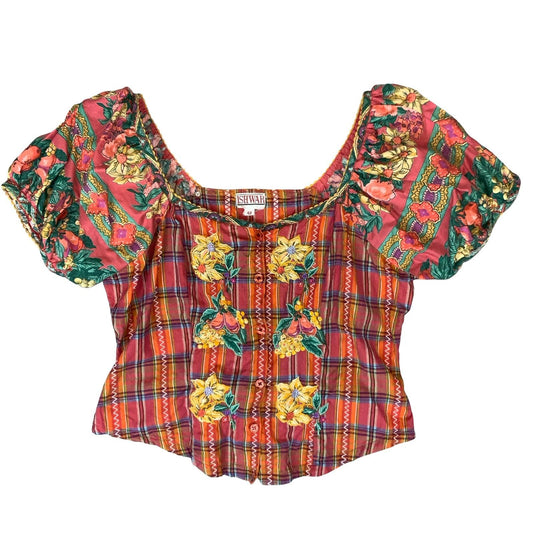 VTG 90s 'ISHWAR' RED GREEN GINGHAM FLORAL EMBROIDERED MILKMAID CORSET TOP S