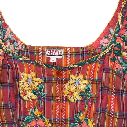 VTG 90s 'ISHWAR' RED GREEN GINGHAM FLORAL EMBROIDERED MILKMAID CORSET TOP S