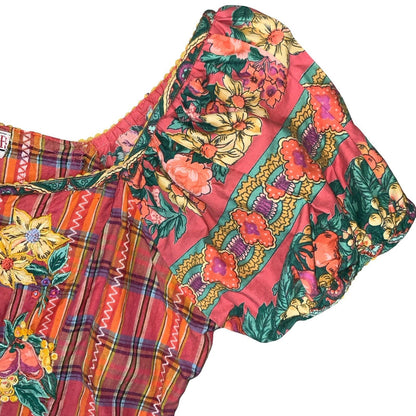VTG 90s 'ISHWAR' RED GREEN GINGHAM FLORAL EMBROIDERED MILKMAID CORSET TOP S