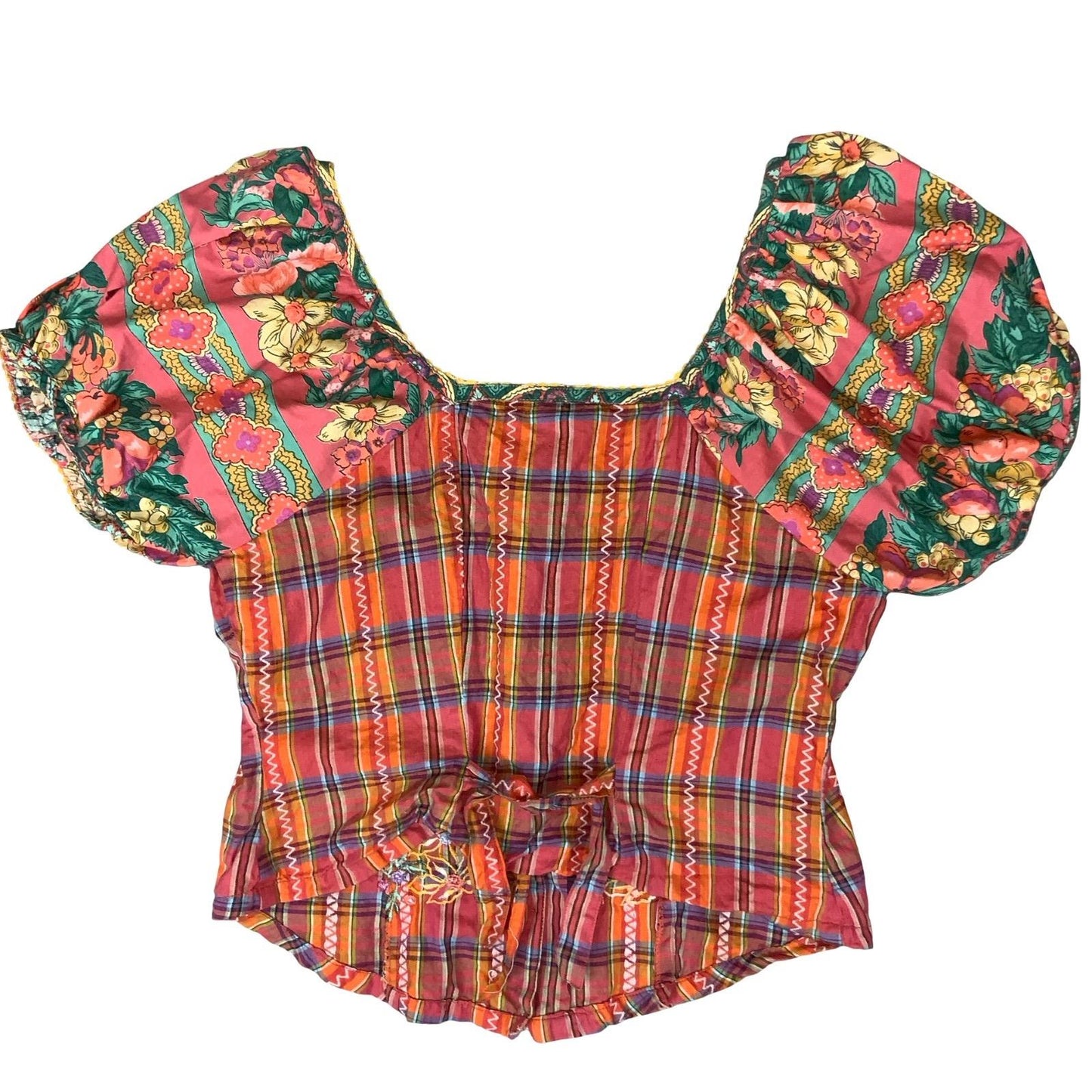 VTG 90s 'ISHWAR' RED GREEN GINGHAM FLORAL EMBROIDERED MILKMAID CORSET TOP S