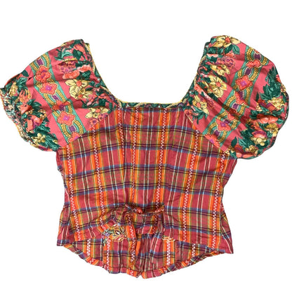 VTG 90s 'ISHWAR' RED GREEN GINGHAM FLORAL EMBROIDERED MILKMAID CORSET TOP S