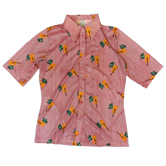 VTG 70S RED WHITE FLORAL STRIPE VIOLIN NOVELTY BUTTON DOWN SHIRT BLOUSE M 12 14