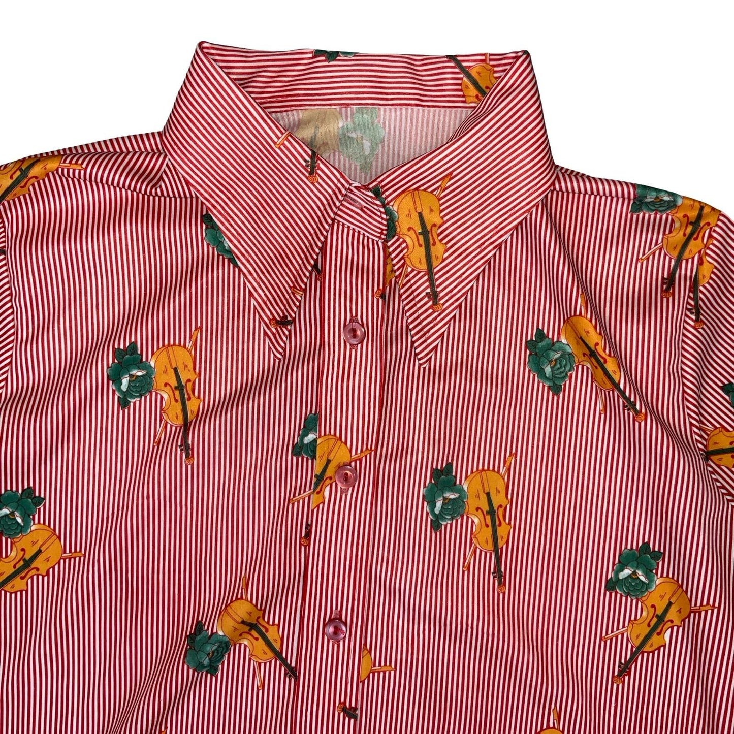 VTG 70S RED WHITE FLORAL STRIPE VIOLIN NOVELTY BUTTON DOWN SHIRT BLOUSE M 12 14