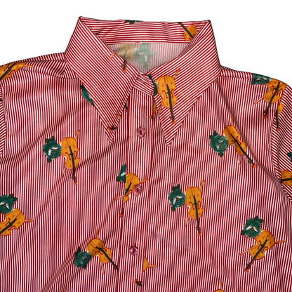 VTG 70S RED WHITE FLORAL STRIPE VIOLIN NOVELTY BUTTON DOWN SHIRT BLOUSE M 12 14