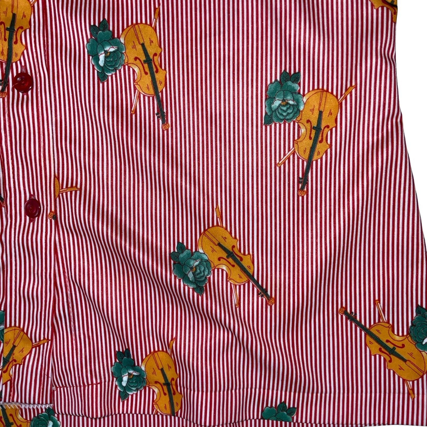 VTG 70S RED WHITE FLORAL STRIPE VIOLIN NOVELTY BUTTON DOWN SHIRT BLOUSE M 12 14
