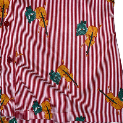 VTG 70S RED WHITE FLORAL STRIPE VIOLIN NOVELTY BUTTON DOWN SHIRT BLOUSE M 12 14