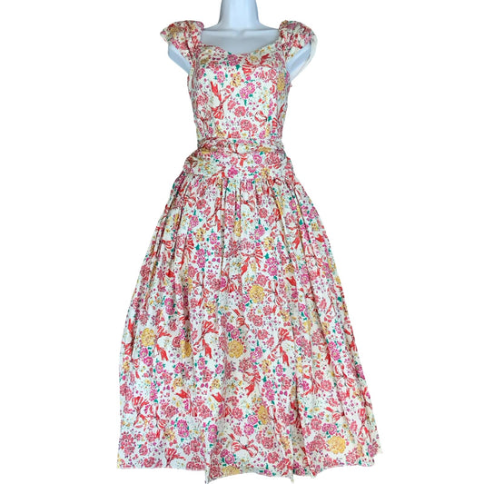 VTG 80s 'LAURA ASHLEY' WHITE PINK FLORAL COTTAGE-CORE A-LINE MIDI DRESS S 8