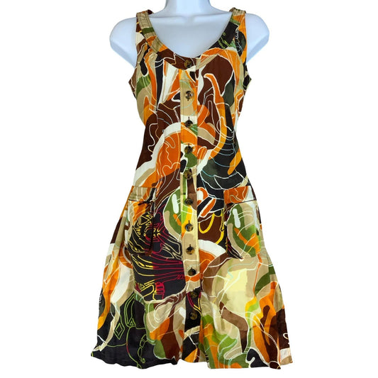 VTG 'ESCADA SPORT' SILK BROWN ORANGE ABSTRACT SLEEVELESS MINI POCKETS DRESS S 10