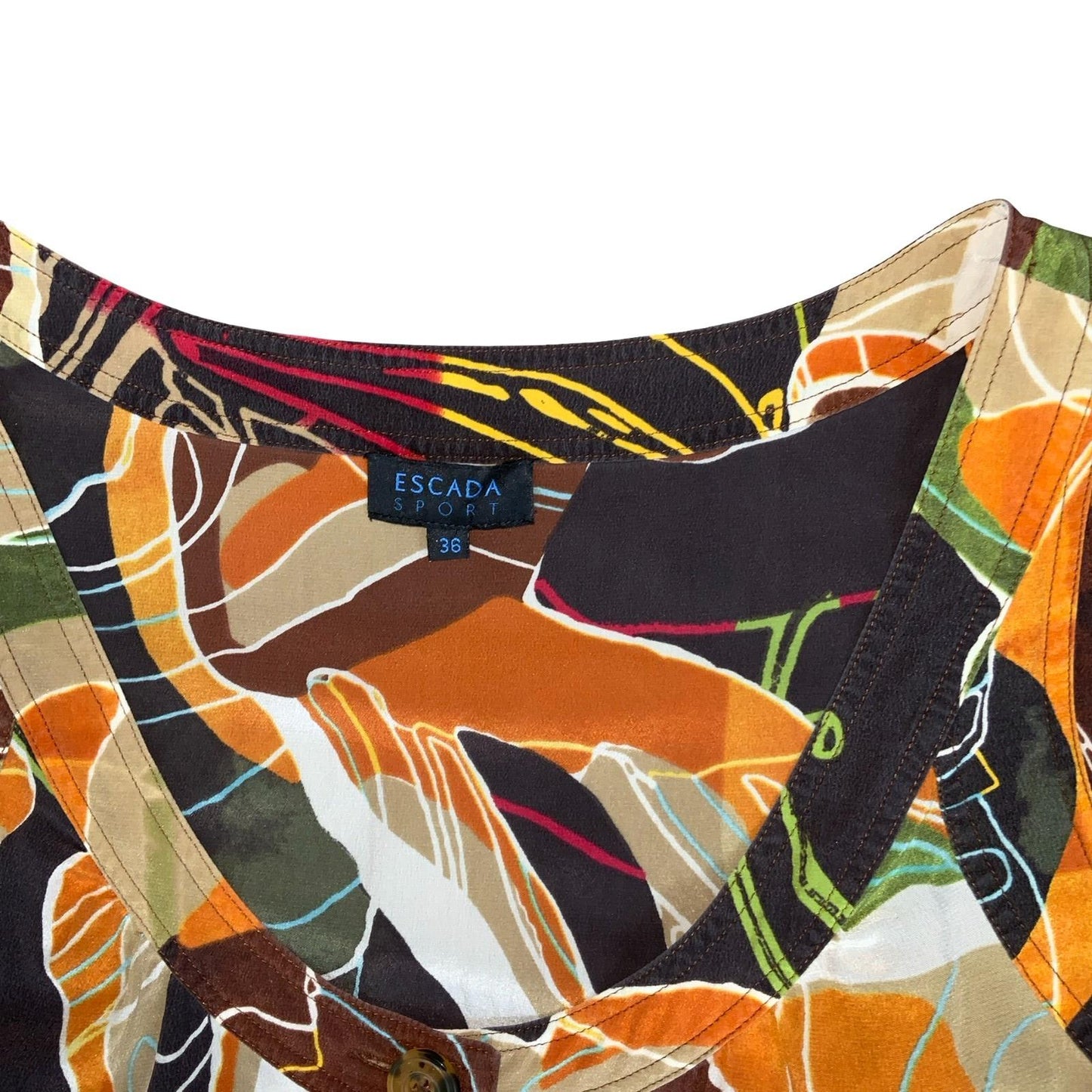 VTG 'ESCADA SPORT' SILK BROWN ORANGE ABSTRACT SLEEVELESS MINI POCKETS DRESS S 10