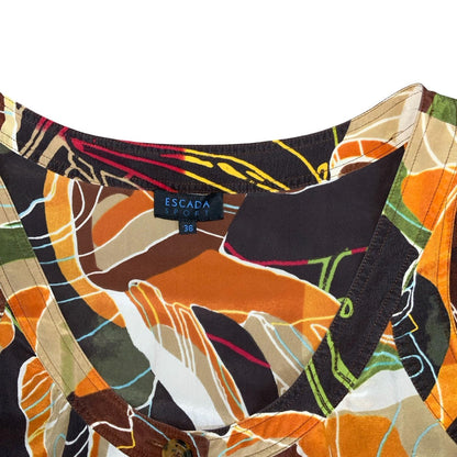VTG 'ESCADA SPORT' SILK BROWN ORANGE ABSTRACT SLEEVELESS MINI POCKETS DRESS S 10