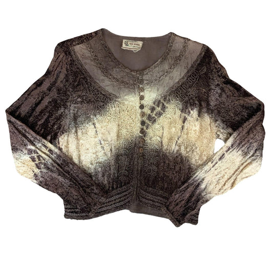 VTG 90s y2k 'NEW FASHION' BROWN CREAM TIE DYE BOHO EMBROIDERED BLOUSE L 16