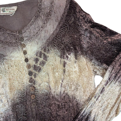 VTG 90s y2k 'NEW FASHION' BROWN CREAM TIE DYE BOHO EMBROIDERED BLOUSE L 16
