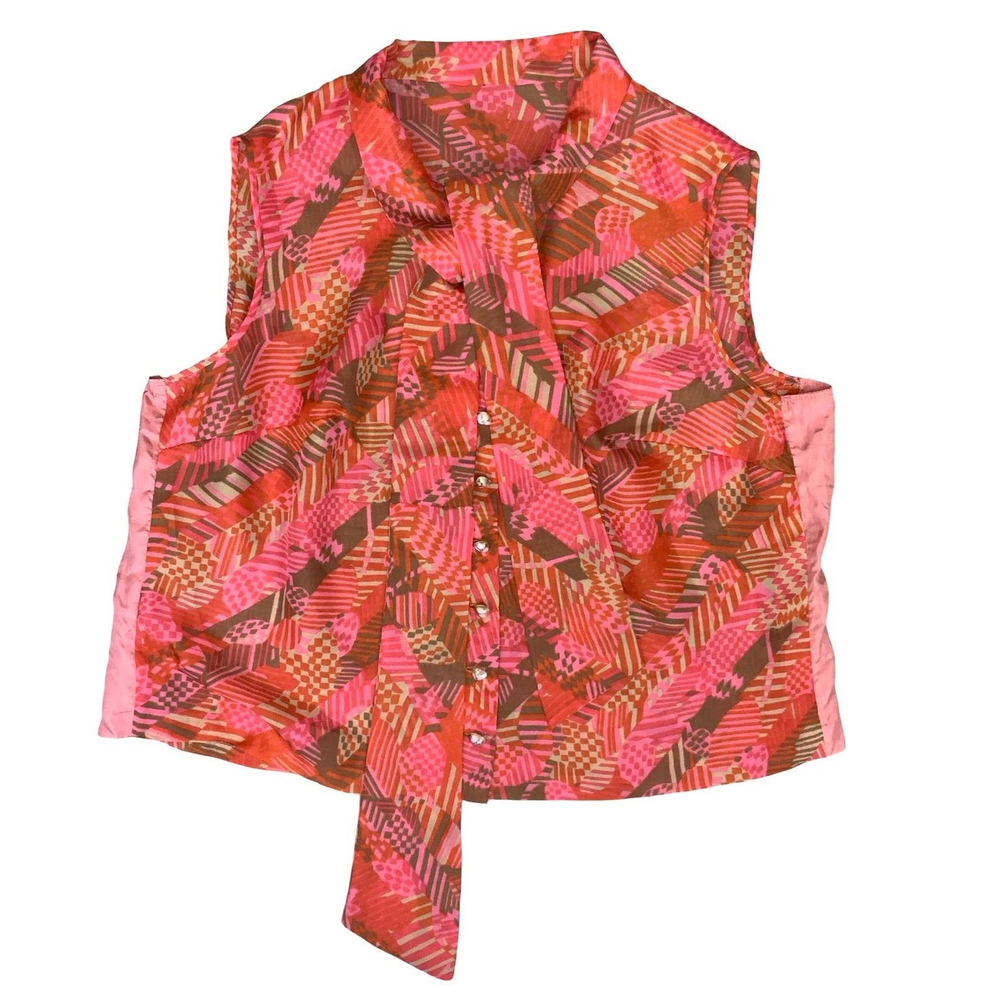 VTG 60s MOD PSYCHEDELIC GEOMETRIC RED PINK SLEEVELESS PUSSY BOW BLOUSE L 16