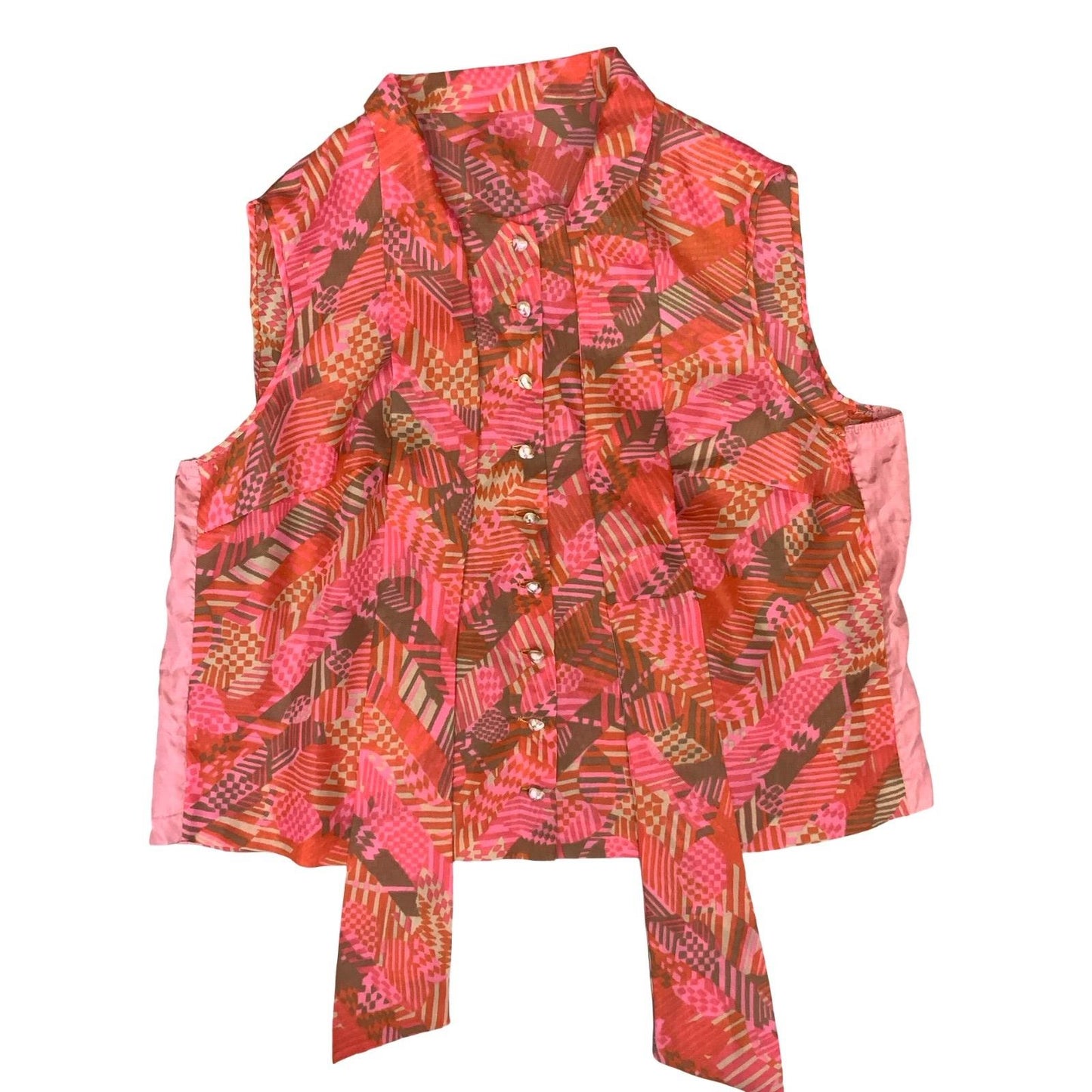 VTG 60s MOD PSYCHEDELIC GEOMETRIC RED PINK SLEEVELESS PUSSY BOW BLOUSE L 16