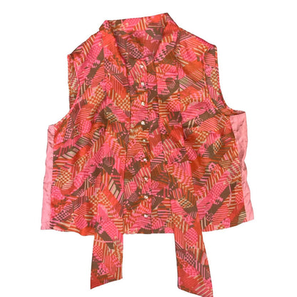 VTG 60s MOD PSYCHEDELIC GEOMETRIC RED PINK SLEEVELESS PUSSY BOW BLOUSE L 16