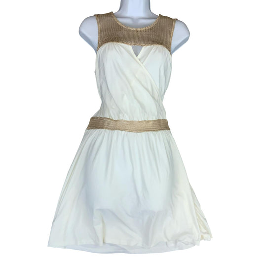 VTG 90s 'MORGAN' WHITE GOLD WRAP-STYLE MINI SLEEVELESS BEACH DAY SUMMER DRESS XS