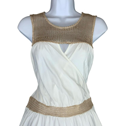 VTG 90s 'MORGAN' WHITE GOLD WRAP-STYLE MINI SLEEVELESS BEACH DAY SUMMER DRESS XS