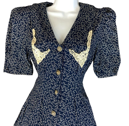 VTG 80s 90s 'ALL THAT JAZZ' BLUE WHITE FLORAL GRUNGE PRAIRIE BOXY MIDI DRESS S 8