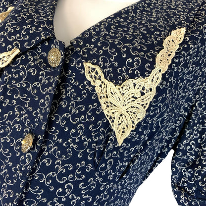 VTG 80s 90s 'ALL THAT JAZZ' BLUE WHITE FLORAL GRUNGE PRAIRIE BOXY MIDI DRESS S 8
