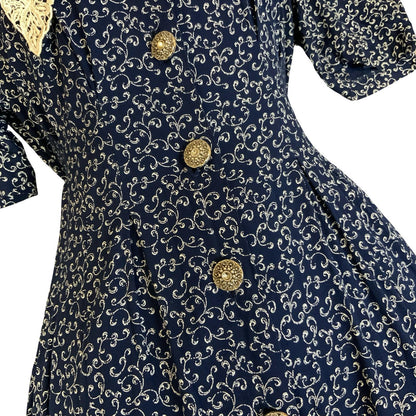 VTG 80s 90s 'ALL THAT JAZZ' BLUE WHITE FLORAL GRUNGE PRAIRIE BOXY MIDI DRESS S 8