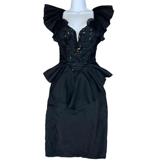 VTG 80s 'CLIMAX KAREN OKADA' BLACK BEADED GOTHIC PEPLUM BODICE DRESS UK 10/12