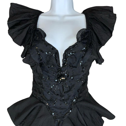 VTG 80s 'CLIMAX KAREN OKADA' BLACK BEADED GOTHIC PEPLUM BODICE DRESS UK 10/12