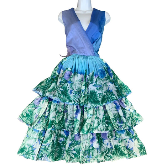 VTG 70s 80s 'SORA' BLUE GREEN BOTANICAL LAYERED FULL SKIRT LONG DRESS S 10