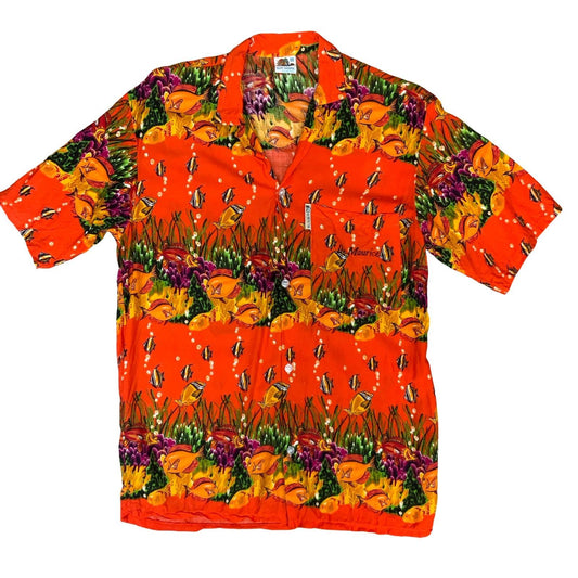 VTG 80s 90s 'SUN SHINE COLLECTION' ORANGE RED FISH GRAPHIC HAWAIIAN BEACH XS/S