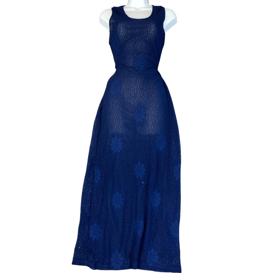 VTG y2k 'IMAGE' POUR LA FEMME CROCHET BLUE FLORAL LINED MAXI BEACH DRESS S 8