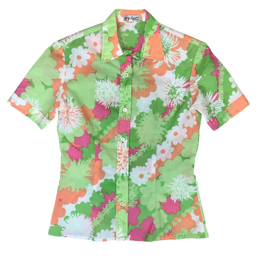 VTG 70s 'VALIMON' GREEN ORANGE PINK WHITE FLORAL GEOMETRIC RETRO BLOUSE UK 8/10