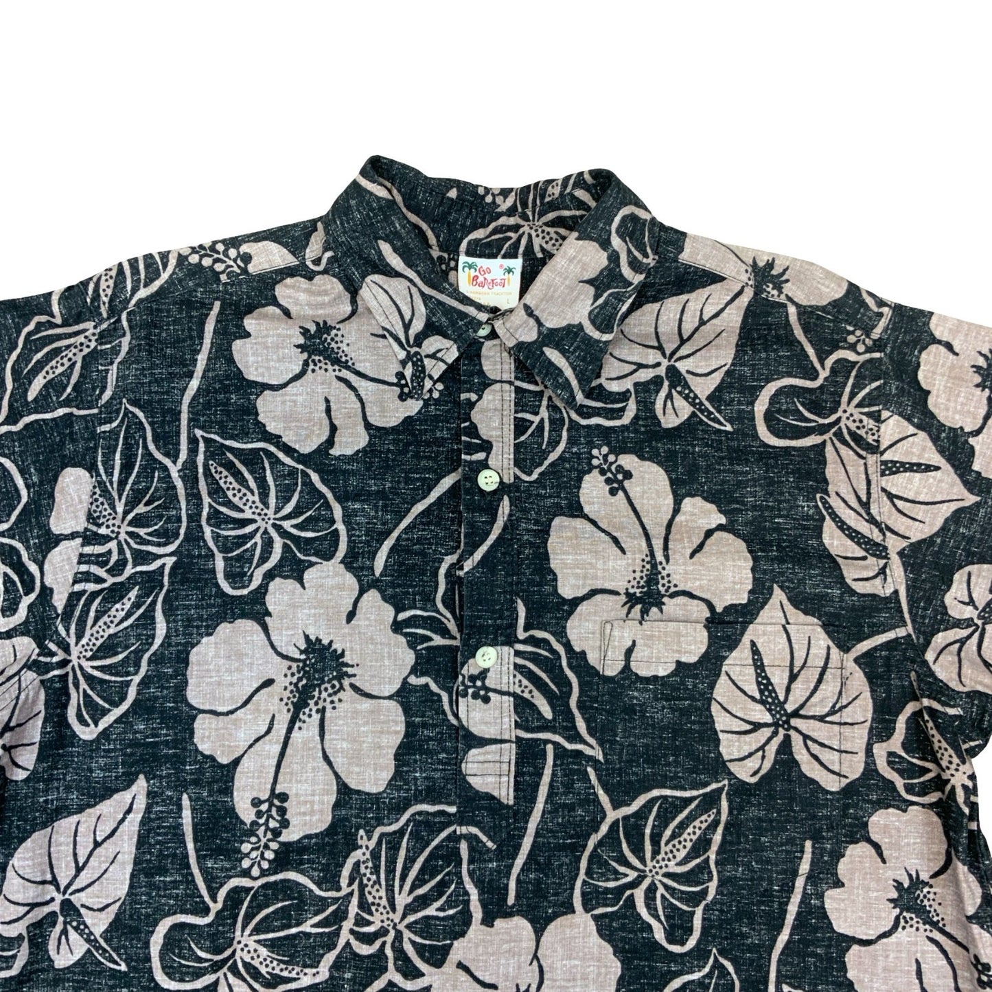 VTG 90S GO BAREFOOT SURF REVERSE PRINT HAWAIIAN SMOCK SHIRT USA MADE LARGE