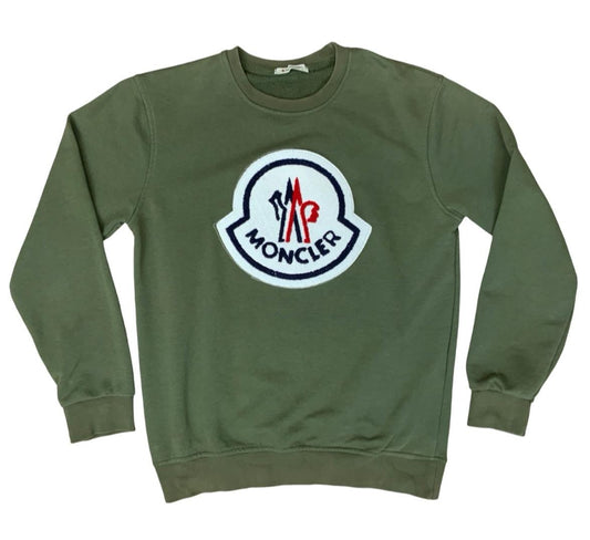 MONCLER OLIVE GREEN CHENILLE LOGO PATCH REVERSE WEAVE SWEATSHIRT MEDIUM