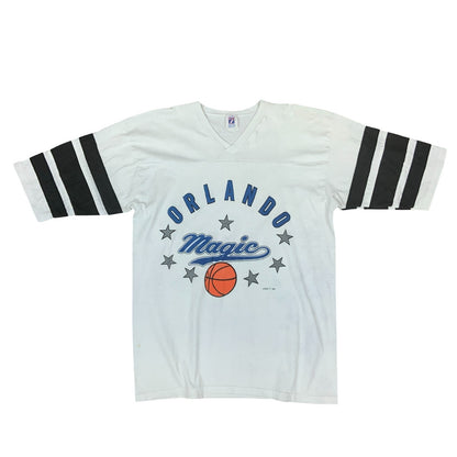 VTG 90S LOGO 7 ORLANDO MAGIC NBA BASKETBALL WHITE GRAPHIC V NECK TEE EXTRA LARGE