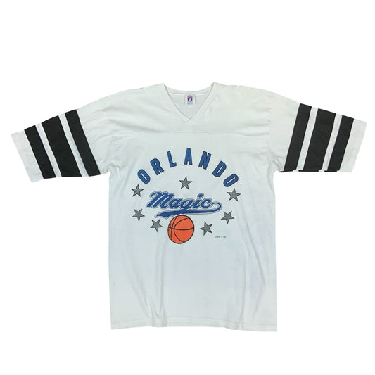 VTG 90S LOGO 7 ORLANDO MAGIC NBA BASKETBALL WHITE GRAPHIC V NECK TEE EXTRA LARGE