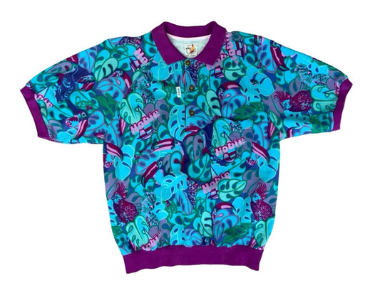 90s LADIES USA HOBIE CALIFORNIA BLUE TROPICAL SURF SHORT SLEEVE SWEATSHIRT UK 12