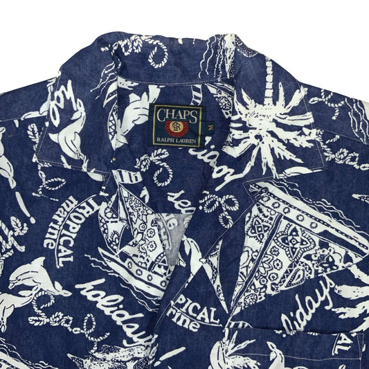 'CHAPS' RALPH LAUREN MEN'S BLUE WHITE SEA LIFE TROPICAL SHORT SLEEVED SHIRT XL
