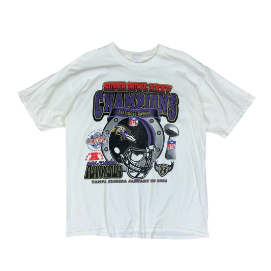 00s 'GILDAN' WHITE SUPERBOWL XXXV BALTIMORE RAVENS NFL CHAMPIONS T-SHIRT XL 2XL