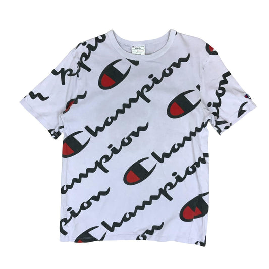 VTG 90s 'CHAMPION' LILAC ALL-OVER GRAPHIC PRINT LOGO SHORT SLEEVE T-SHIRT S M