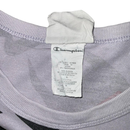 VTG 90s 'CHAMPION' LILAC ALL-OVER GRAPHIC PRINT LOGO SHORT SLEEVE T-SHIRT S M