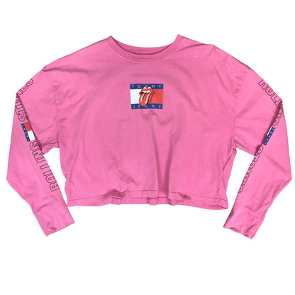 90s 'TOMMY JEANS' PINK THE ROLLING STONES GRAPHIC CROPPED LONG SLEEVE T-SHIRT L