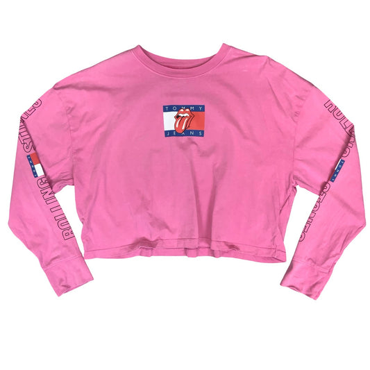 90s 'TOMMY JEANS' PINK THE ROLLING STONES GRAPHIC CROPPED LONG SLEEVE T-SHIRT L