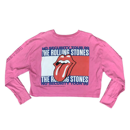 90s 'TOMMY JEANS' PINK THE ROLLING STONES GRAPHIC CROPPED LONG SLEEVE T-SHIRT L